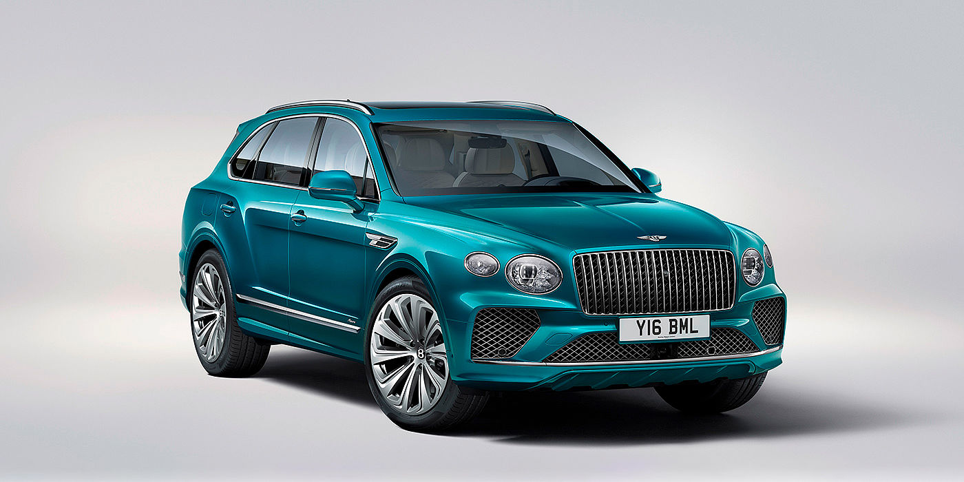 Bentley Hefei Bentley Bentayga Azure front three-quarter view, featuring a fluted chrome grille with a matrix lower grille and chrome accents in Topaz blue paint.