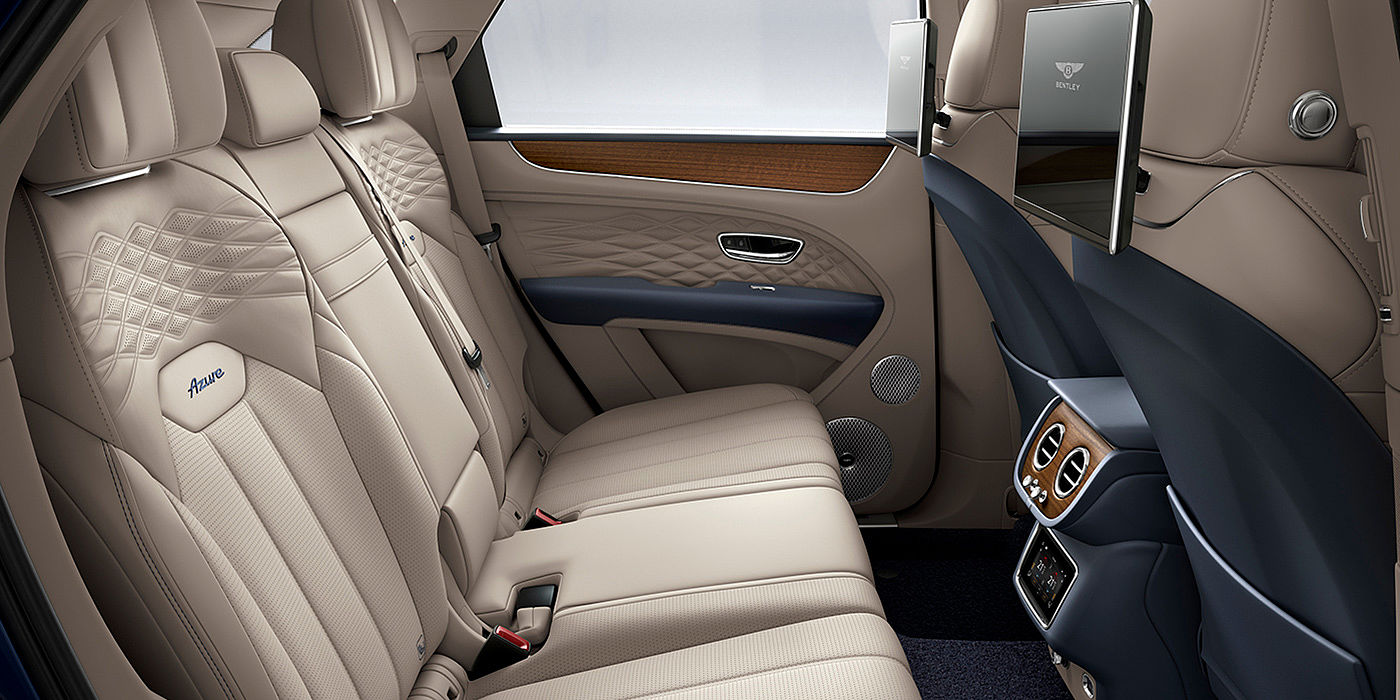 Bentley Hefei Bentey Bentayga Azure interior view for rear passengers with Portland hide and Rear Seat Entertainment. 